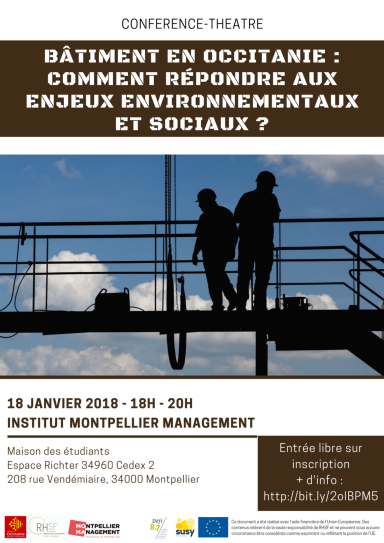 Affiche Conférence-Théâtre "Batiments en Occitanie : comment répondre aux enjeux environnementaux et sociaux ?"