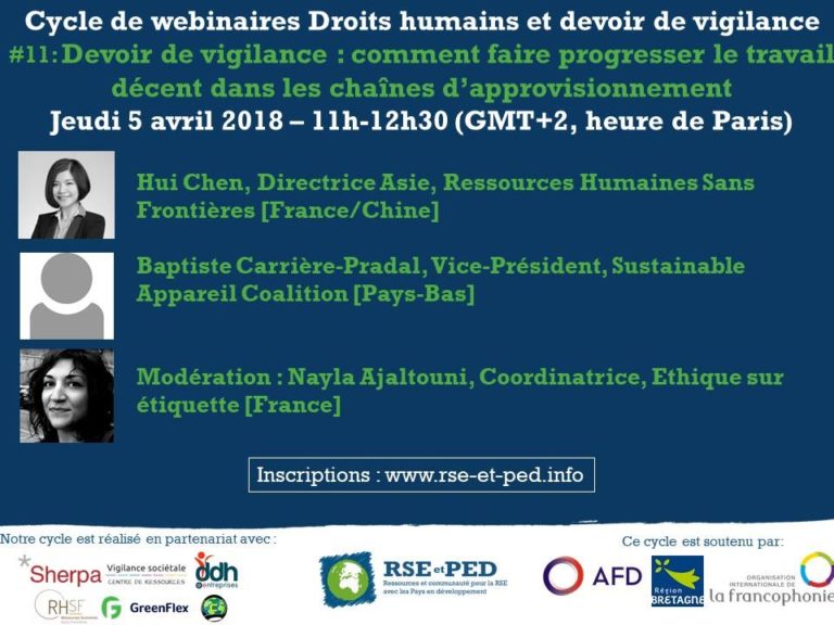 Affiche du WEBINAIRE "Devoir de vigilance, comment faire progresser le travail décent dans les chaînes d'approvisionnement"