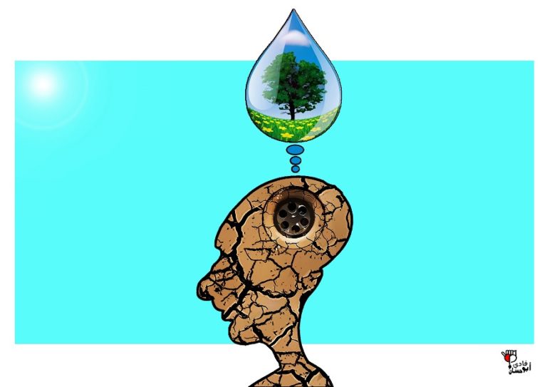 Drawing symbolising learning with a face sculpted into the earth and a drop of water above it to enrich it.